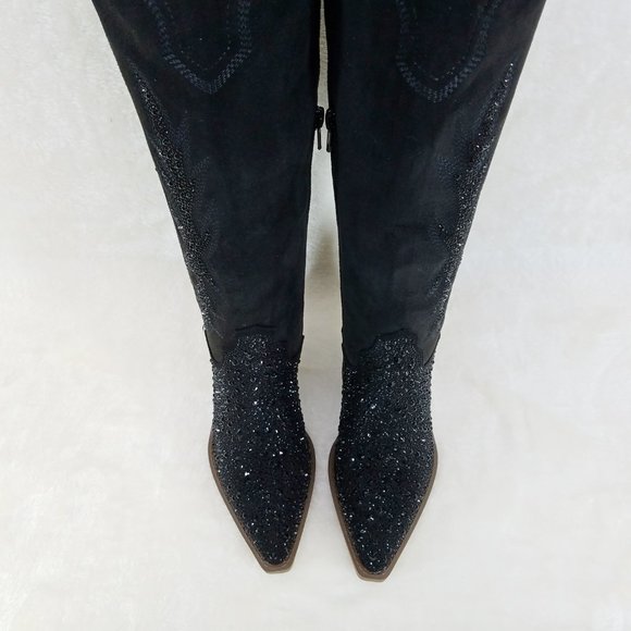 Anniston Black Rhinestone Glamour Country Western Cowgirl Knee Boots - Picture 10 of 12